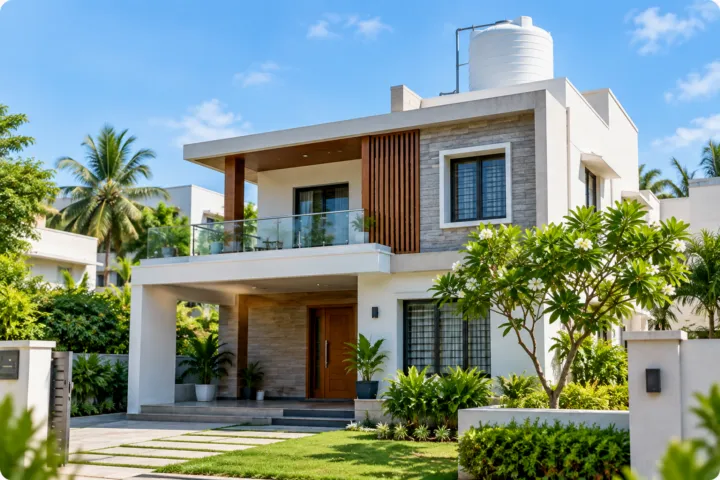 A modern two-storey house with a water tank on the roof
