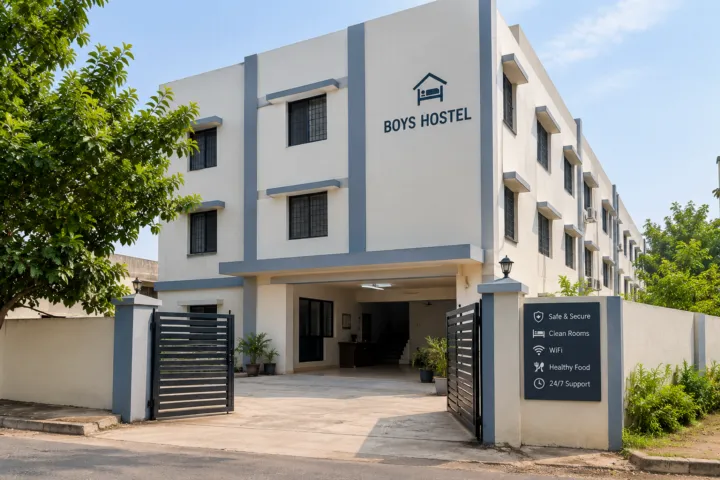 A multi-storey hostel building with its entrance gate