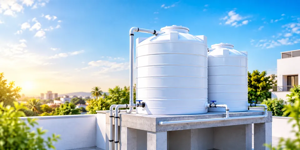Two white water tanks on a rooftop stand