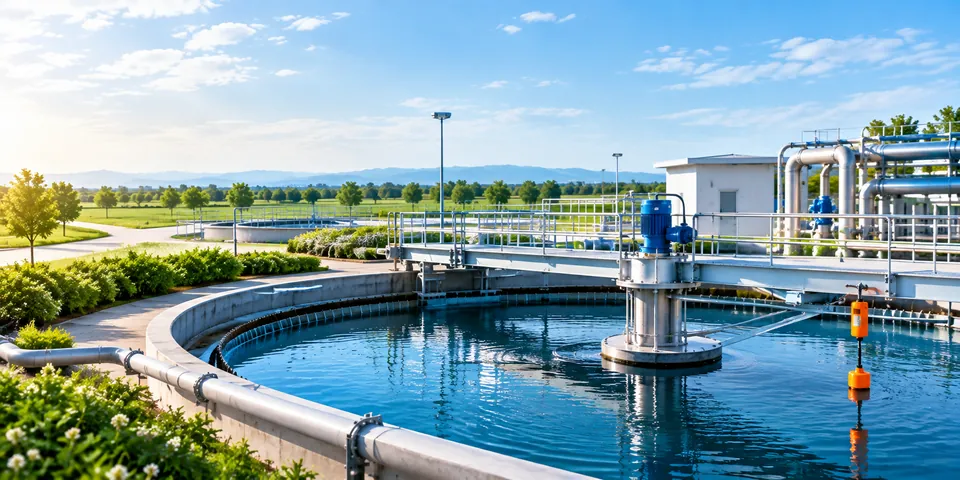A circular clarifier tank at a water treatment plant, with a float switch in the water