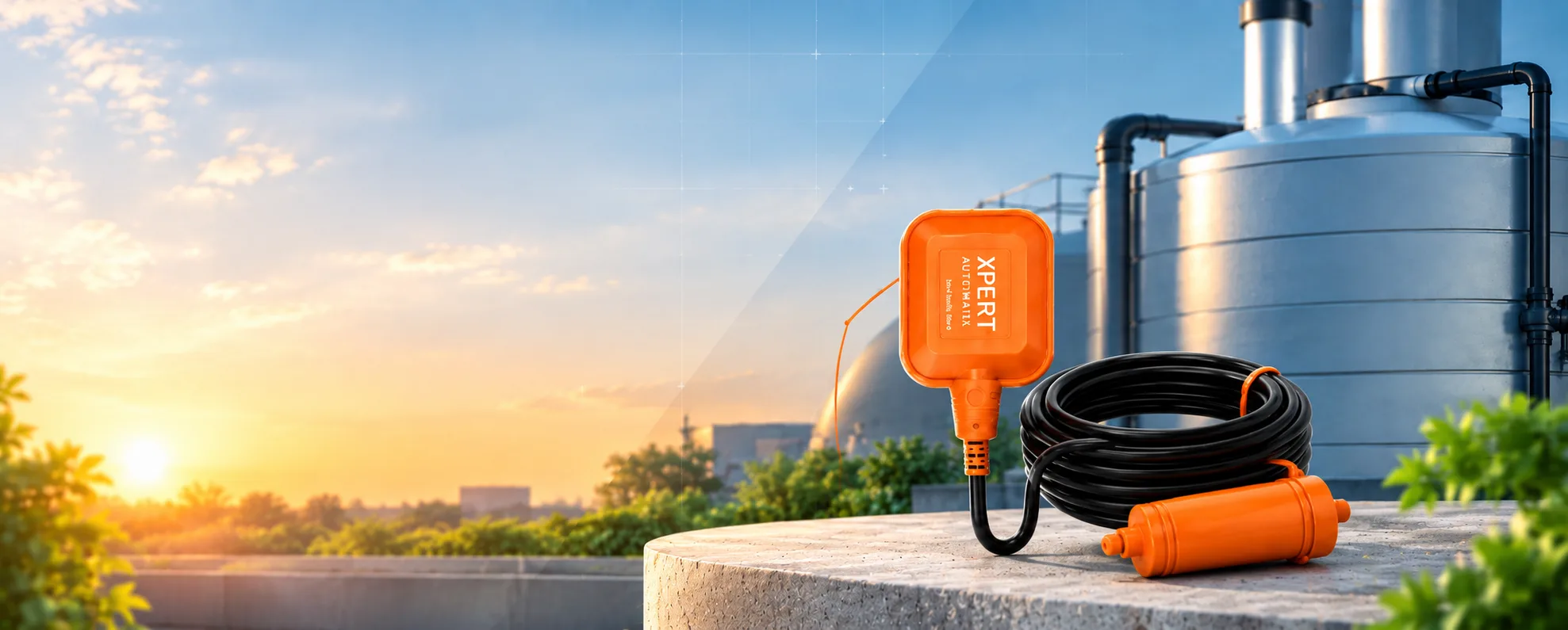 The Xpert AutomatiX float switch with its cable and counterweight on a rooftop beside water tanks