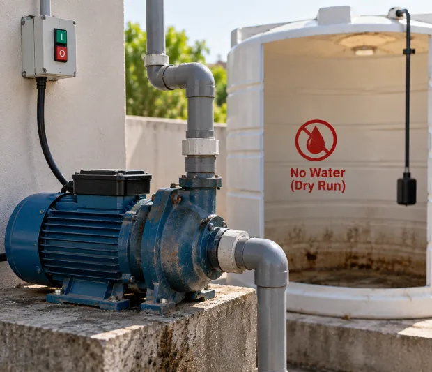 A pump motor running with no water in the sump