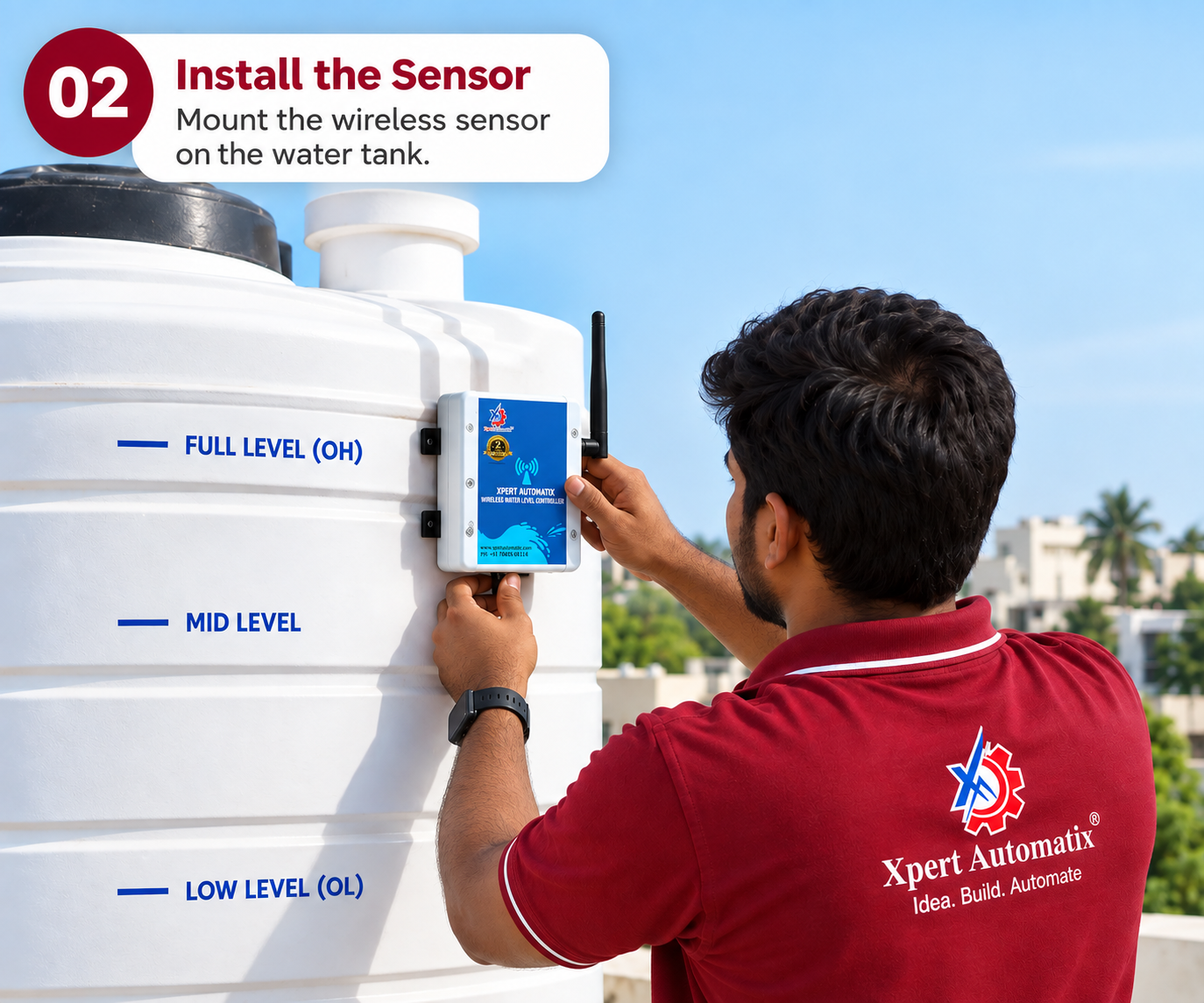 A technician fitting the wireless sensor unit to a water tank